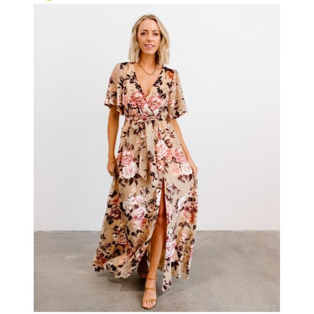 Baltic Born‎ Uma Velvet Maxi Dress Beige Small Floral Shimmer NO BELT